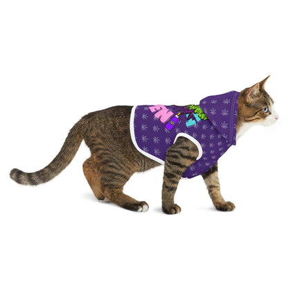 Vbrant purple "Make It Happen Cannabis Pet Hoodie," adorned with colorful pattern