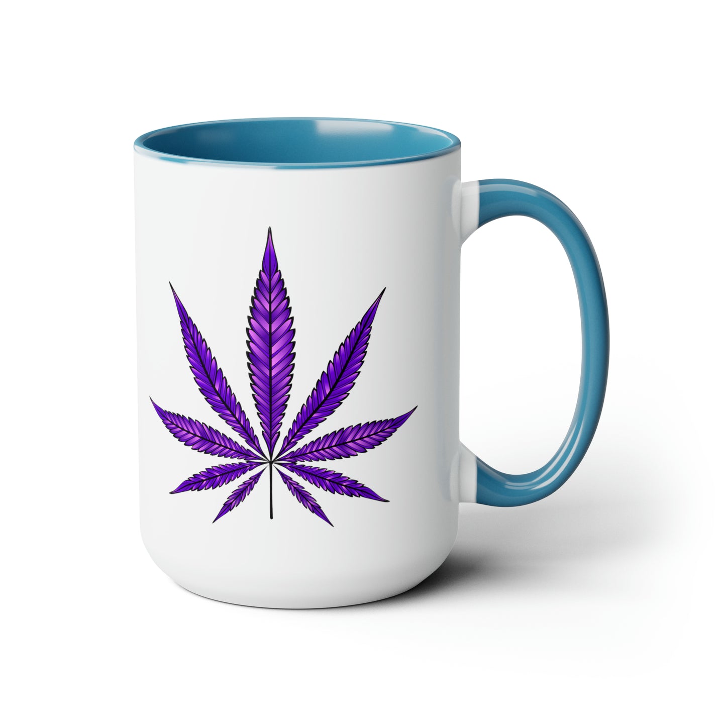 Purple Haze Marijuana Coffee Mug with a blue interior and handle, featuring a Purple Haze Marijuana leaf design on the side.
