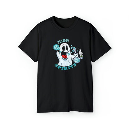 High Spirits Ghost with Bong Weed Shirt featuring a cartoon ghost with a bong, surrounded by bubbles and the text "high spirits" in playful white and blue font, perfect as paranormal clothing.