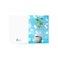 Marketing brochure with a blue cover, featuring a Potted Christmas Marijuana Plant Merry Christmas Greeting Card and white bokeh lights, next to a white space with a company logo on the bottom left, printed on sustainable paper.