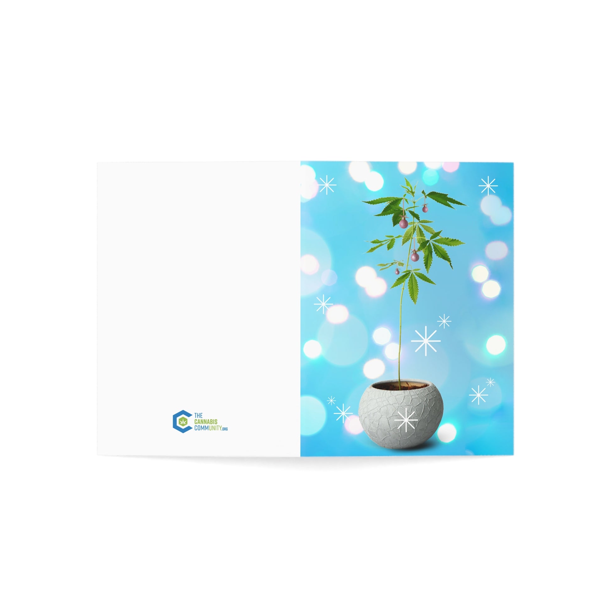 Marketing brochure with a blue cover, featuring a Potted Christmas Marijuana Plant Merry Christmas Greeting Card and white bokeh lights, next to a white space with a company logo on the bottom left, printed on sustainable paper.
