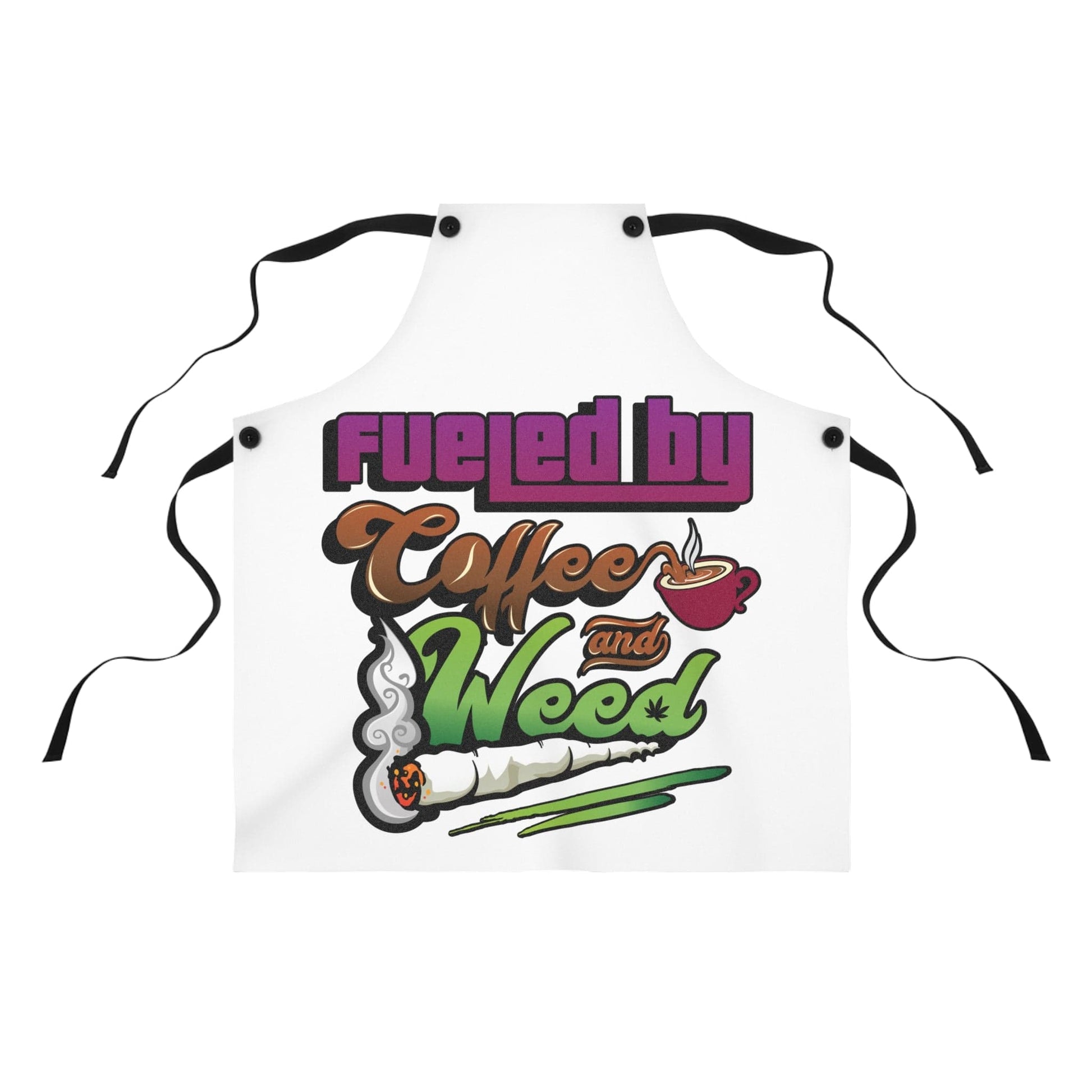 The Fueled by Coffee and Weed Apron is a white apron with black straps, featuring the phrase "Fueled by Coffee and Weed" plus images of a steaming coffee cup and lit joint—a fun accessory for kitchen adventures.