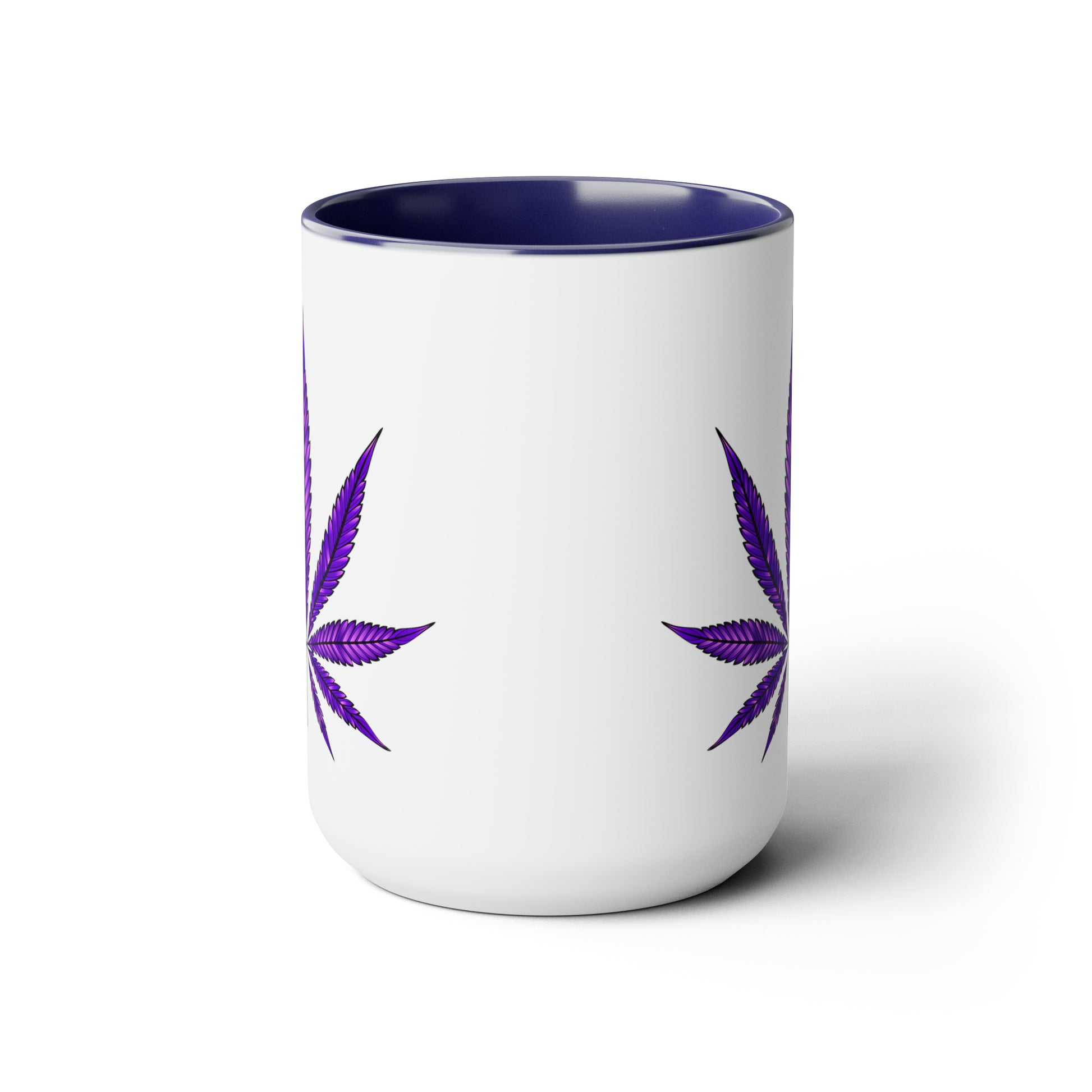 Purple Haze Marijuana Coffee Mug with Purple Haze Marijuana leaf designs and a purple interior, isolated on a white background.
