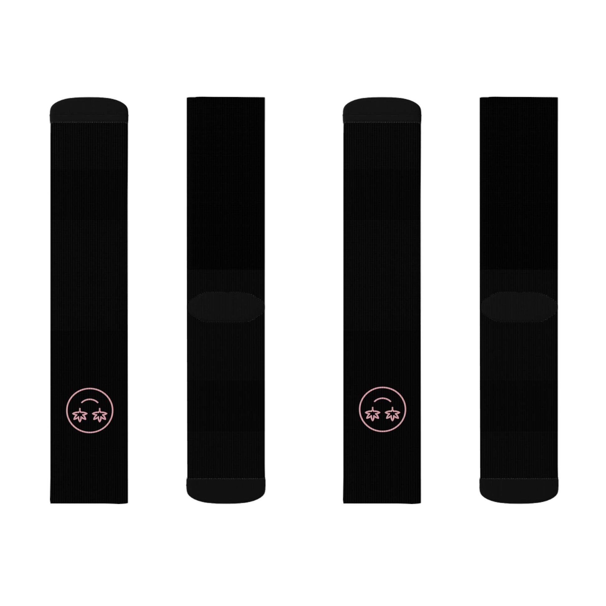 Four High Stepper Weed Socks in black are shown vertically on a white background, each with a pink smiley face featuring two star-shaped eyes near the toe area.