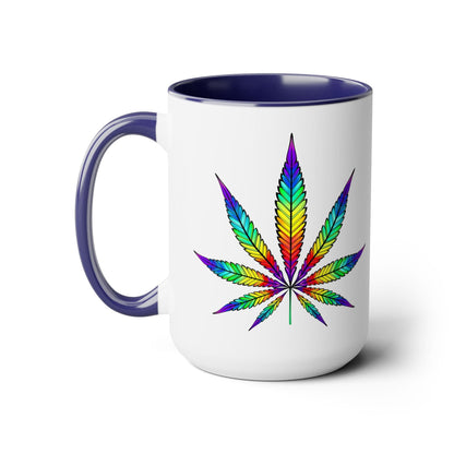 The Vibrant Rainbow Cannabis Mug features a ceramic design with a white exterior