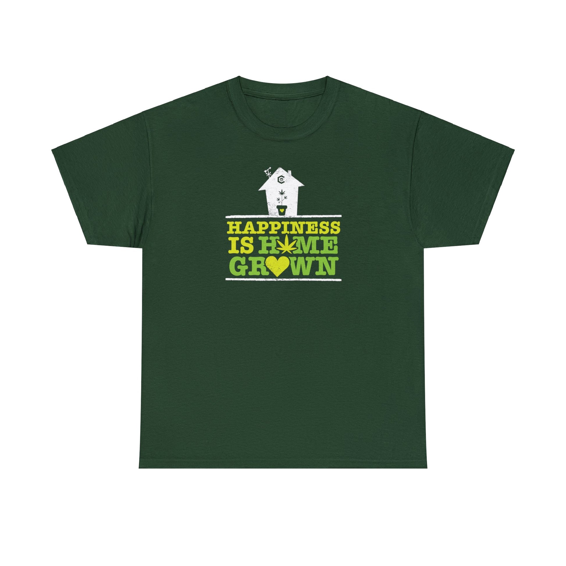 A Happiness Is Homegrown Pot Shirt featuring a yellow and green house design.