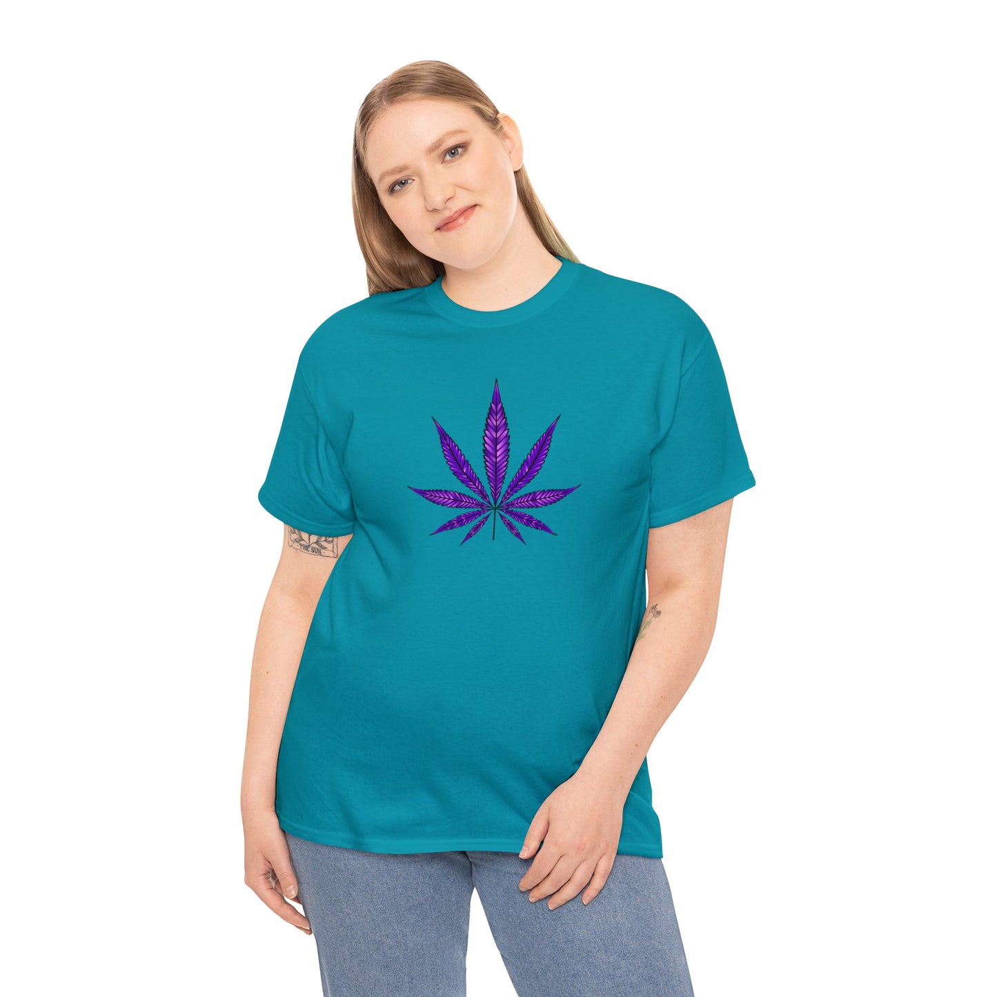 Woman wearing a Purple Cannabis Leaf Tee, reflecting marijuana culture.