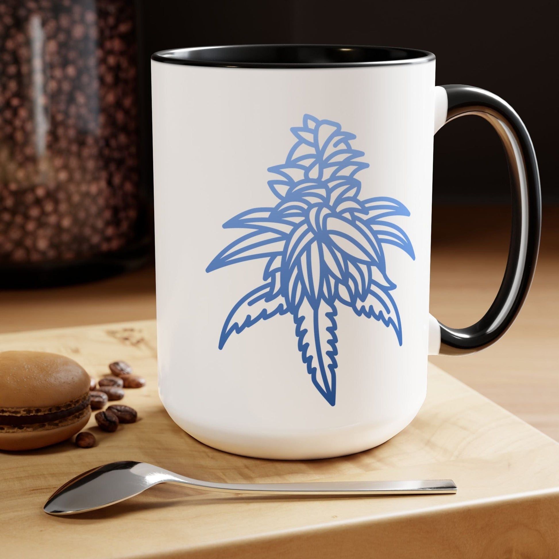 The Blue Dream Cannabis Coffee Mug, featuring a blue botanical design