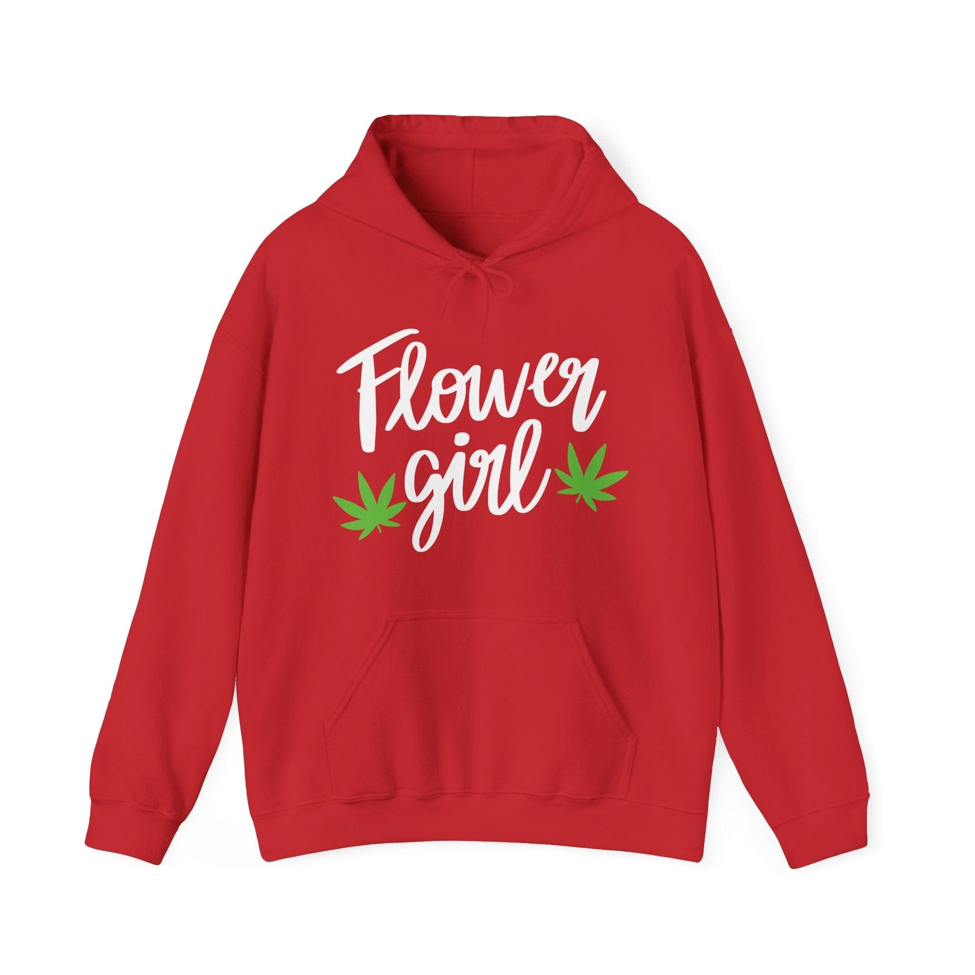 The Flower Girl Pot Leaf Hoodie is a red ultra-soft hoodie with "Flower Girl" in white script and two green cannabis leaves—perfect for displaying your canna pride.
