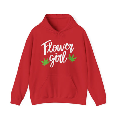 The Flower Girl Pot Leaf Hoodie is a red ultra-soft hoodie with "Flower Girl" in white script and two green cannabis leaves—perfect for displaying your canna pride.