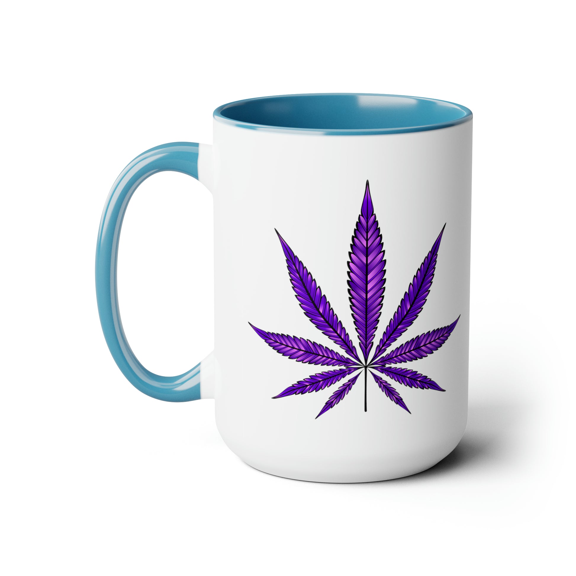 Purple Haze Marijuana Coffee Mug with a blue interior and handle, featuring a Purple Haze Marijuana leaf design on the side.