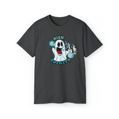 Gray High Spirits Ghost with Bong Weed Shirt, perfect for fans of supernatural stoners.