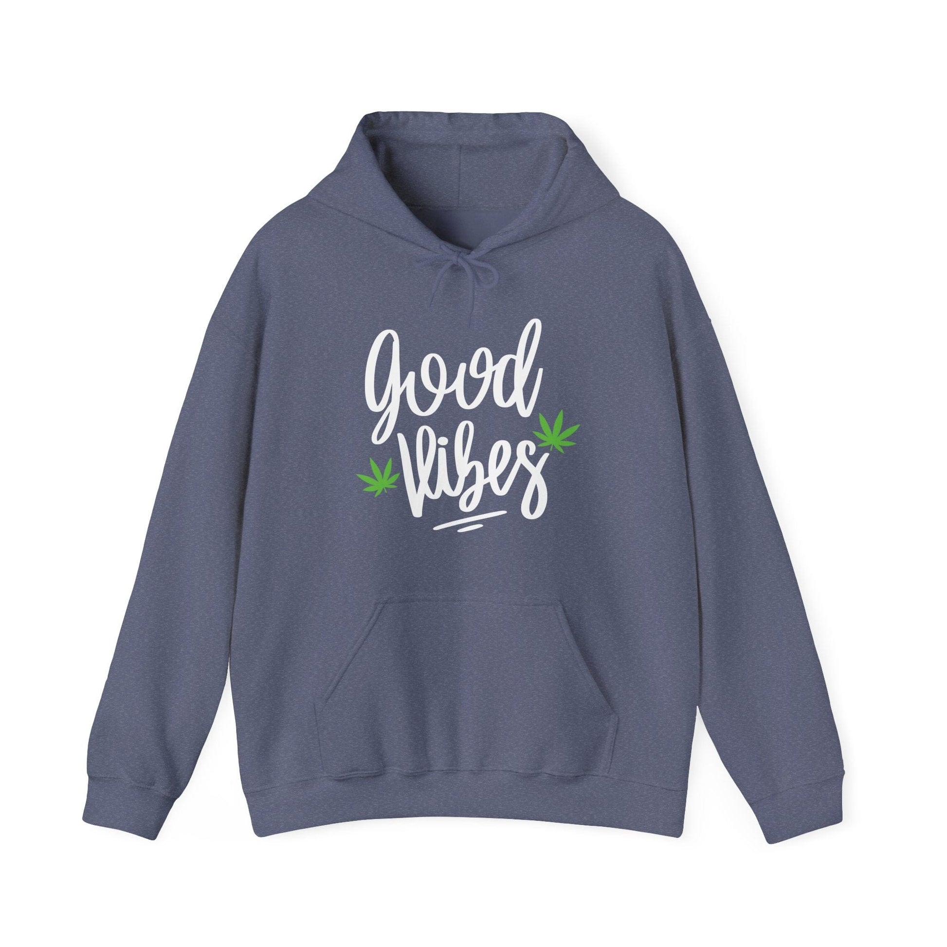 The Good Vibes Marijuana Leaf Hoodie is a dark blue, ultra-comfy hoodie featuring "good vibes" in white cursive and two green cannabis leaves below the text.
