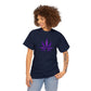 Sentence with Product Name: A person wearing a Purple Cannabis Leaf Tee, indicative of marijuana culture.