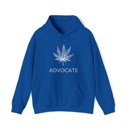 Sentence with product name: A blue hooded sweatshirt with a white Elegant Advocate Cannabis Leaf Marijuana design and the word "advocate" printed below it, displayed on a plain background.