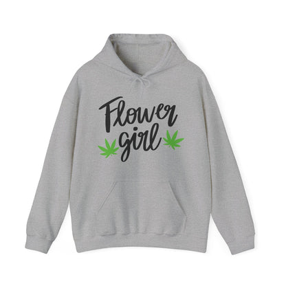 The Flower Girl Pot Leaf Hoodie is an ultra-soft gray hoodie with "Flower girl" in bold black and two green cannabis leaves—ideal for showing your canna pride in cozy comfort.