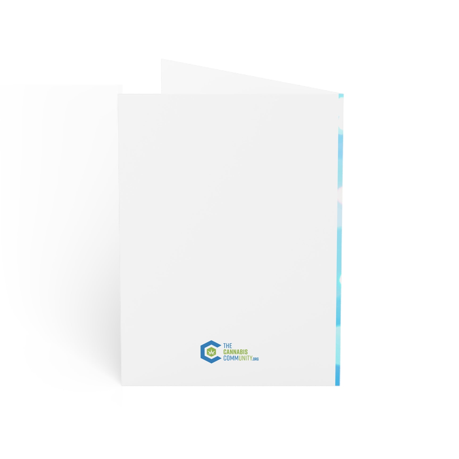 Blank white presentation folder with a light blue spine and the logo of "the harris community center" at the bottom right on the front cover, made from sustainable paper.