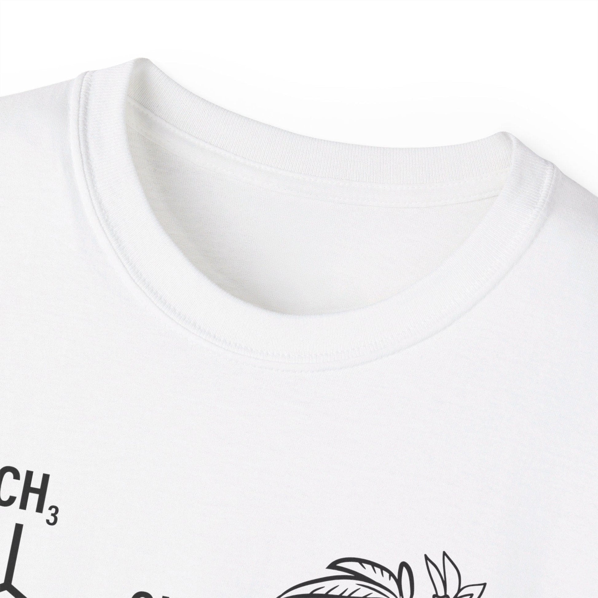 Close-up of the collar area of the Tetrahydrocannabinol (THC) Molecule Weed Shirt, a white t-shirt featuring partial black printed design 