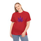 Woman in a Purple Cannabis Leaf Tee featuring a purple cannabis leaf graphic on the front, resonating with marijuana culture.