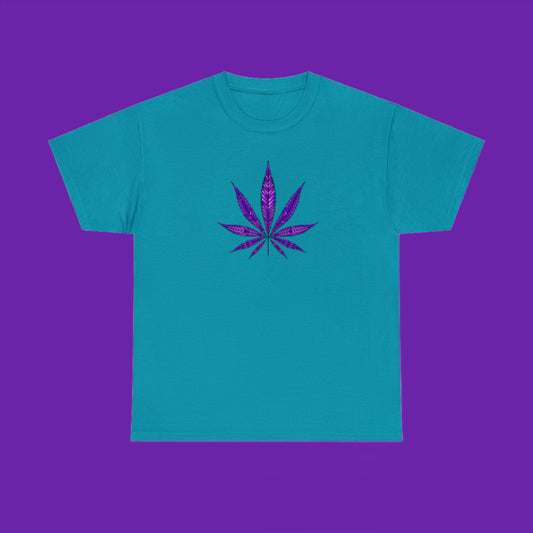 A vibrant turquoise Purple Cannabis Leaf Tee, celebrating marijuana culture.