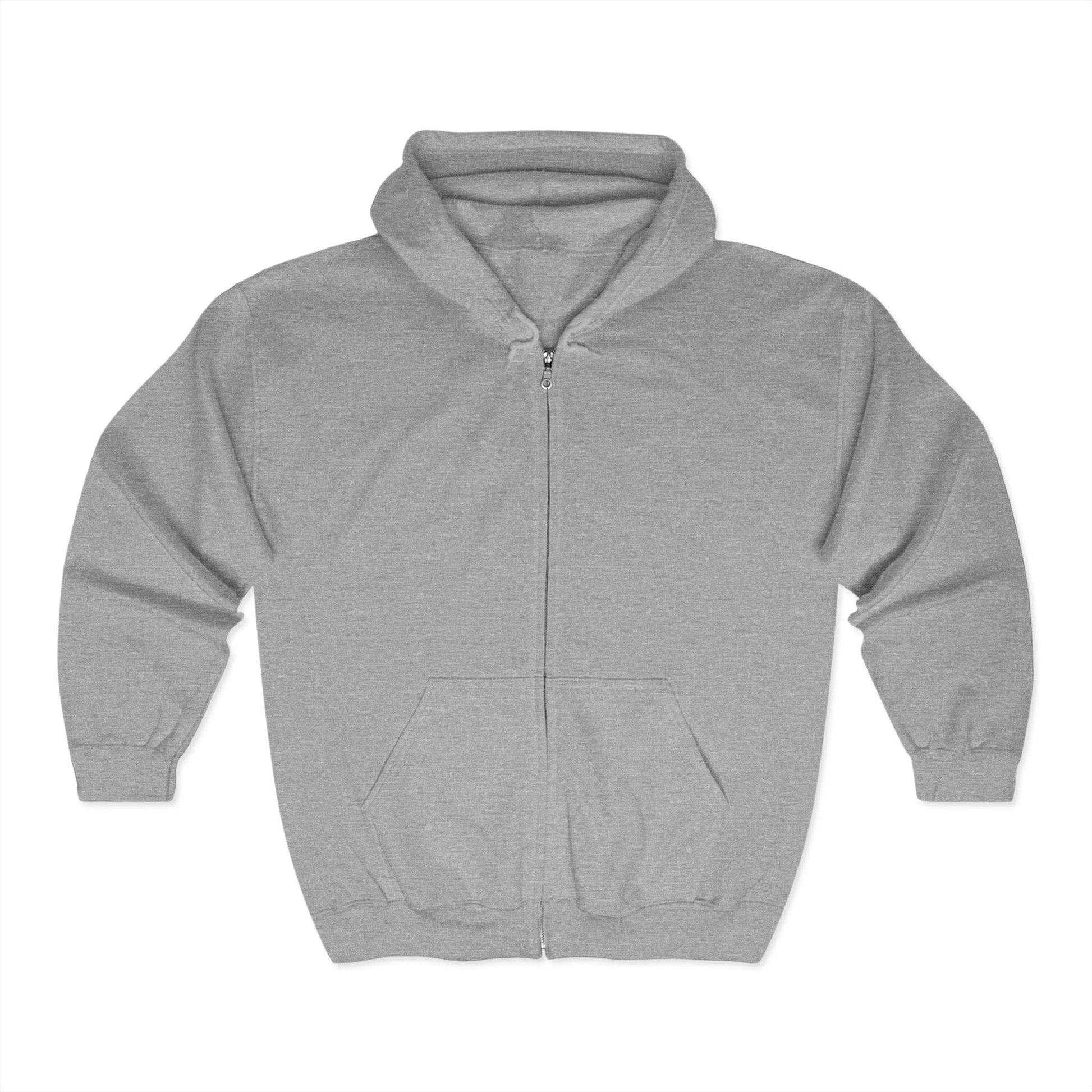 The Fueled by Coffee and Weed Full Zip Hooded Sweatshirt, a cozy fleece hoodie with a front zipper, hood, and two pockets, is displayed flat on a white background.