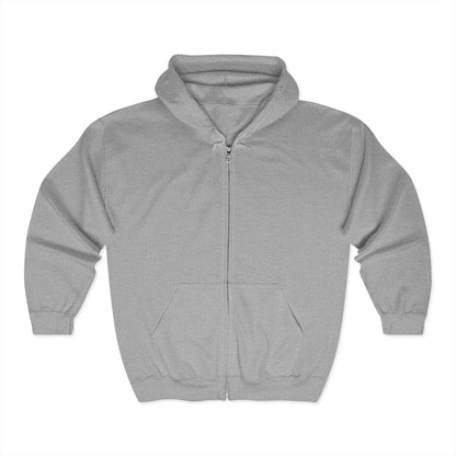 The Fueled by Coffee and Weed Full Zip Hooded Sweatshirt, a cozy fleece hoodie with a front zipper, hood, and two pockets, is displayed flat on a white background.