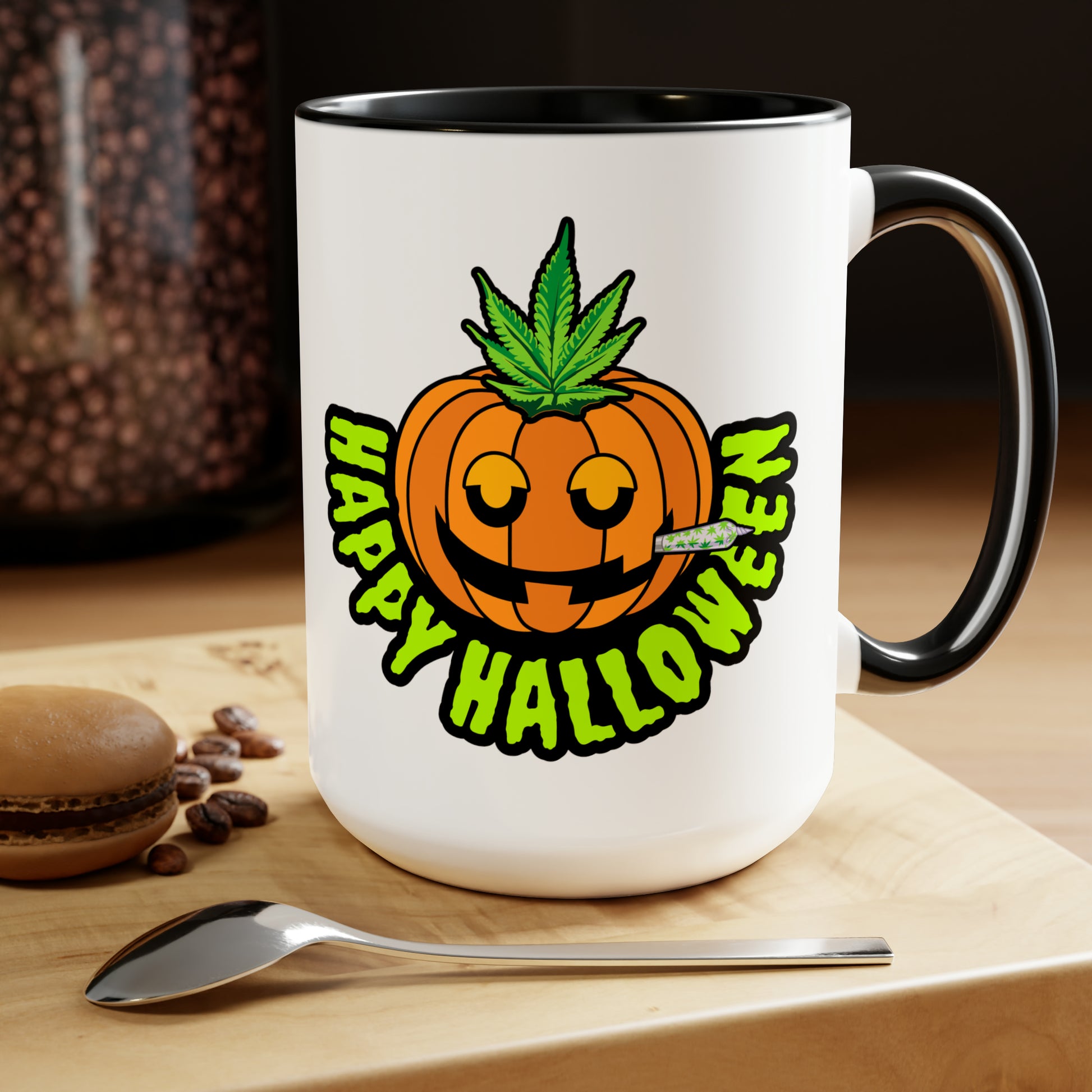 Black Happy Halloween Pumpkin Stoner 15oz Coffee Mug Mockup