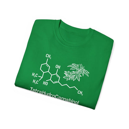 The Tetrahydrocannabinol (THC) Molecule Weed Shirt features a green t-shirt