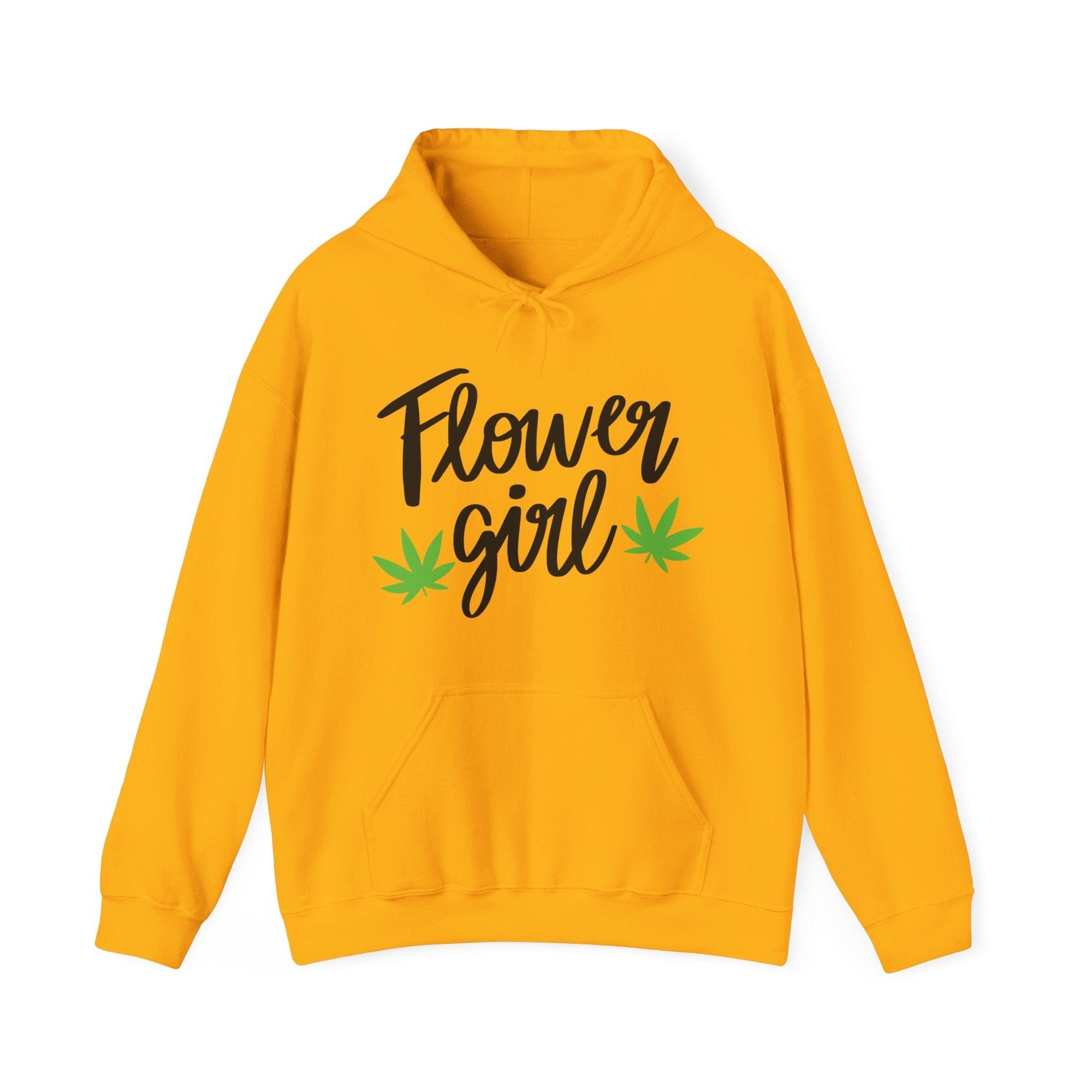 Show your canna pride with the Flower Girl Pot Leaf Hoodie—a yellow ultra-soft hoodie featuring “Flower Girl” in black and two green marijuana leaf graphics below the text.