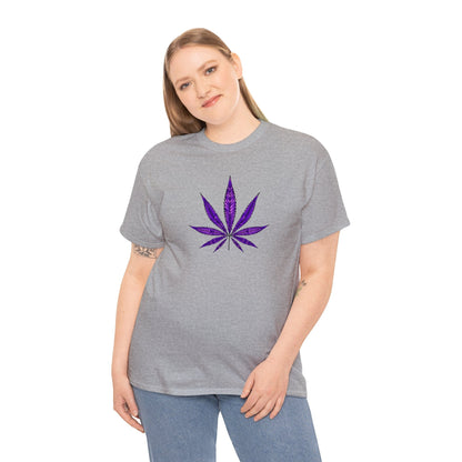 A woman wearing a gray Purple Cannabis Leaf Tee with a vibrant purple cannabis leaf design on the front.