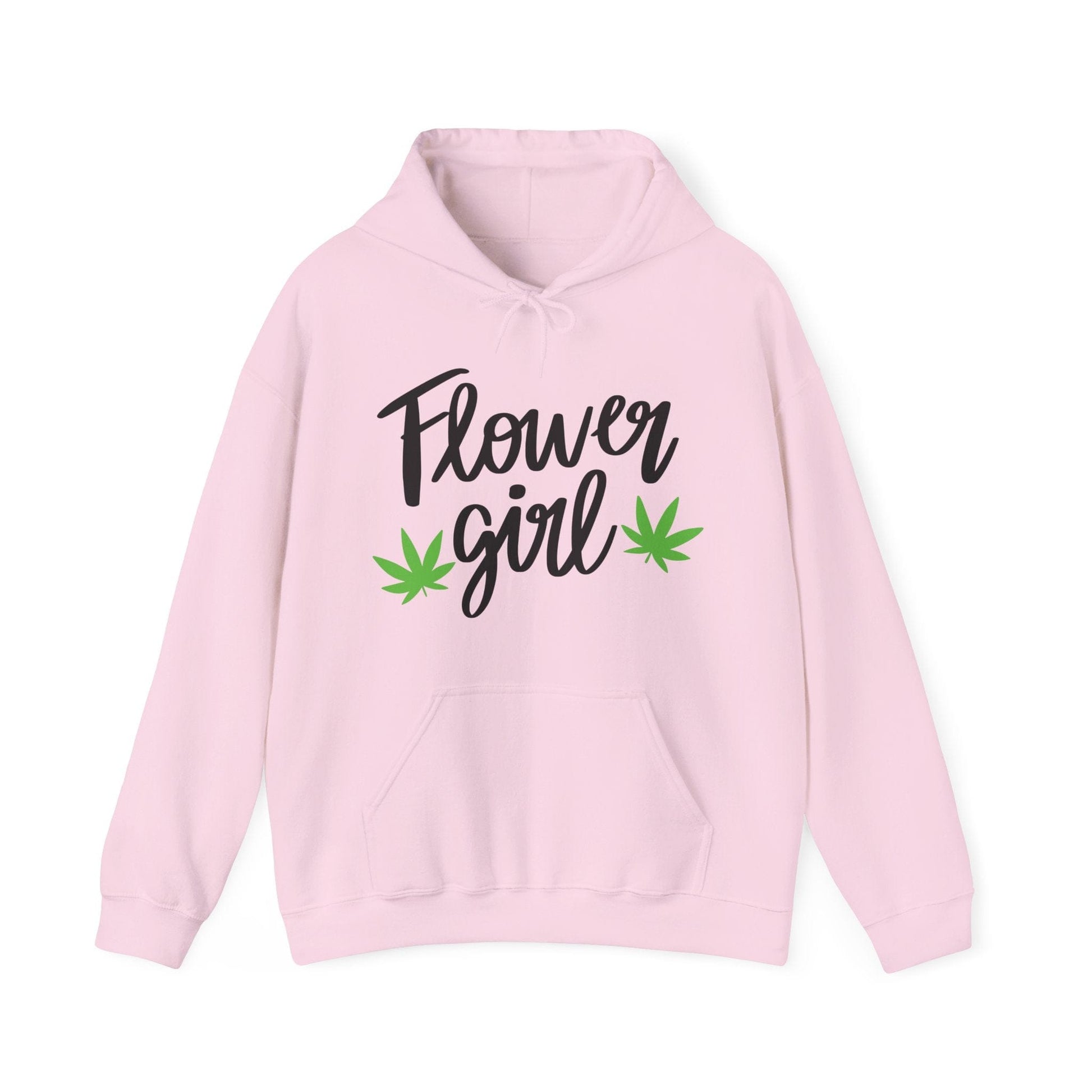The Flower Girl Pot Leaf Hoodie is an ultra-soft light pink hoodie featuring "Flower Girl" in black with two green cannabis leaves beneath—ideal for flaunting your canna pride.