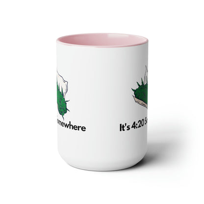 Introducing the delightful "It's 420 Somewhere" 15oz Coffee Mug, showcasing a white exterior paired with a pink interior