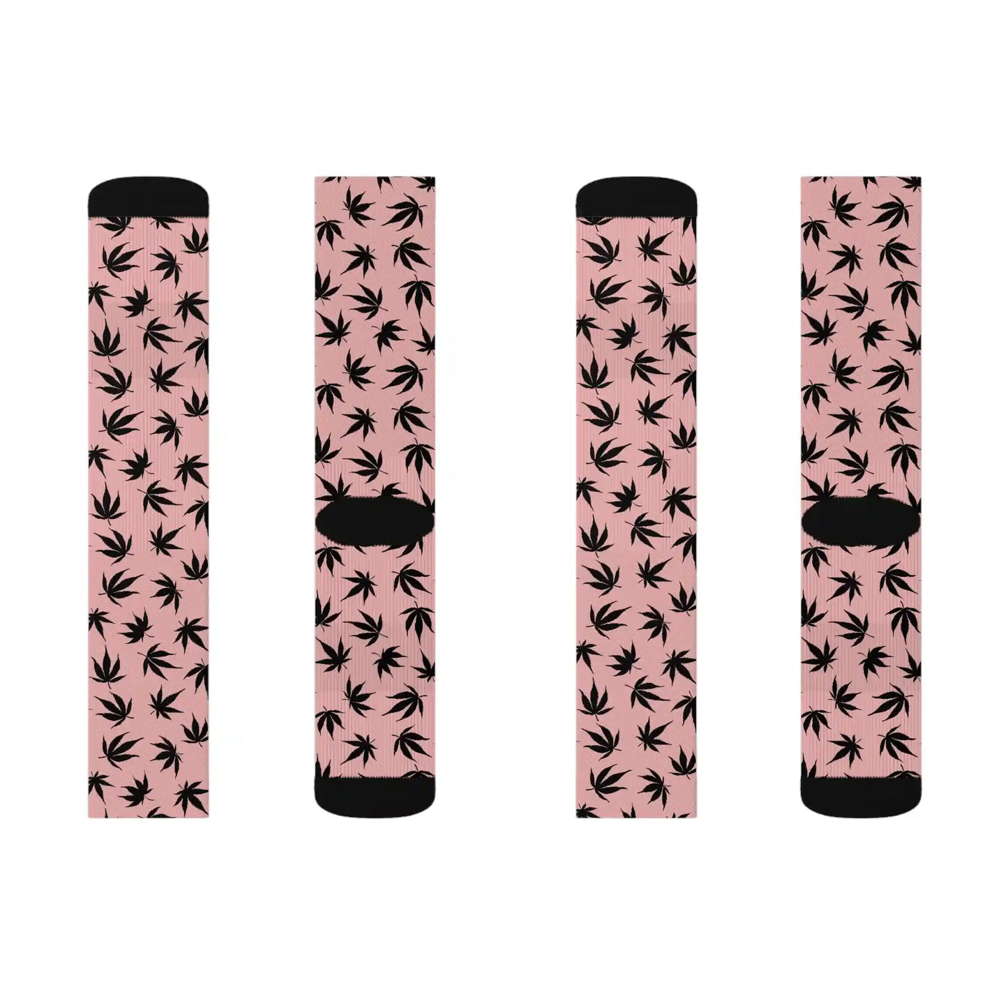 two pairs of stylish pink and black weed socks with pot leaves all over a pink background
