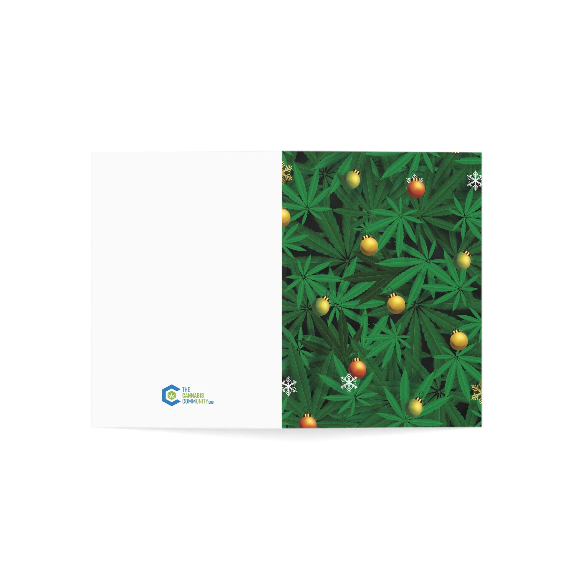 Open greeting card mockup with a festive cannabis leaf design on one side and a clean white space on the other, featuring the logo of The Cannabis Community at the bottom left.
