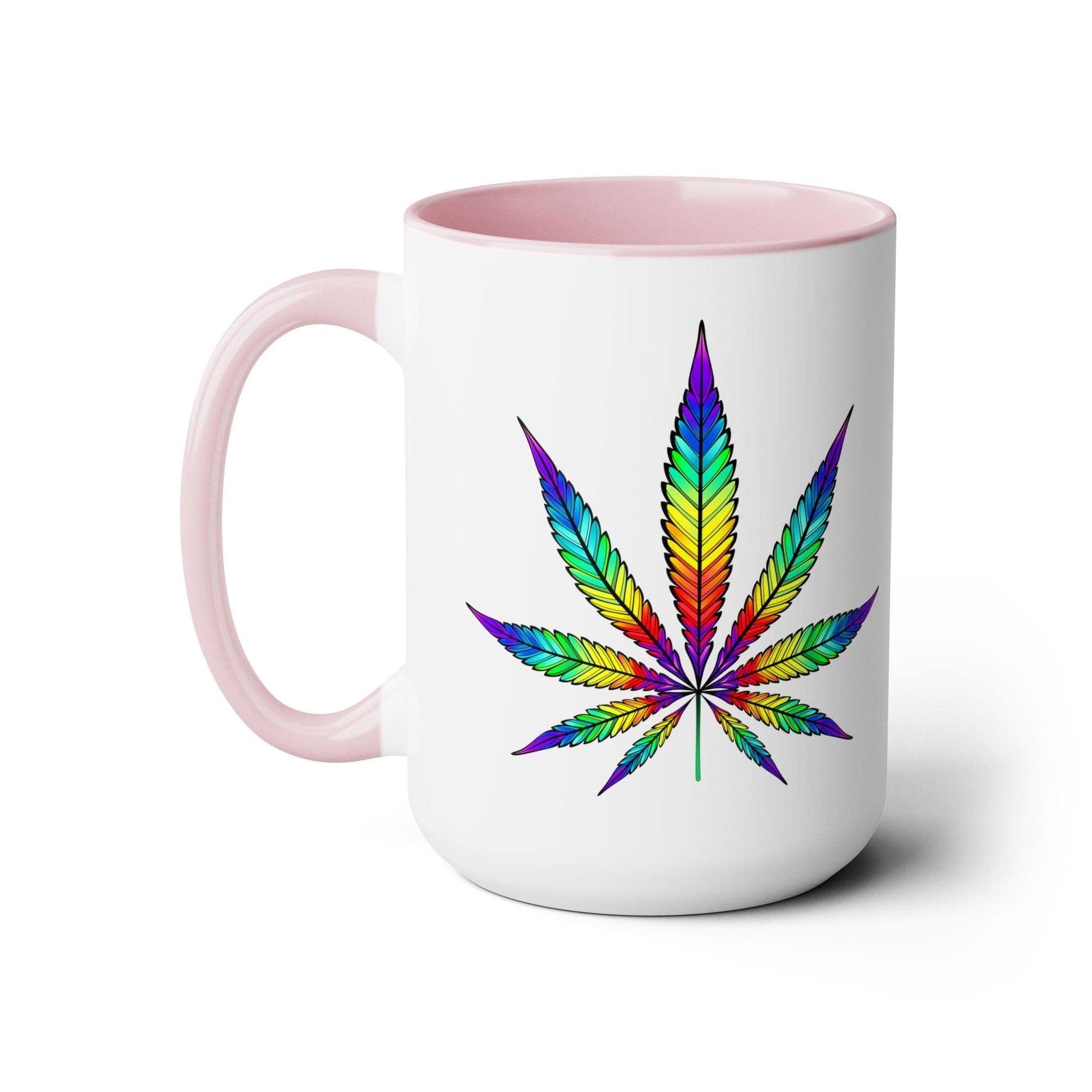 The Vibrant Rainbow Cannabis Mug is a white ceramic mug with a pink interior and handle