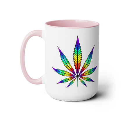 The Vibrant Rainbow Cannabis Mug is a white ceramic mug with a pink interior and handle