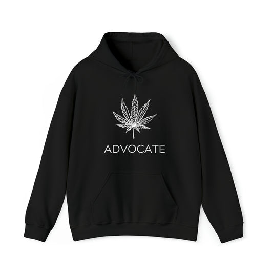 Elegant Advocate Cannabis Leaf Marijuana Hoodie with a white marijuana leaf design and the word "Cannabis Advocate" printed below it on a plain background.