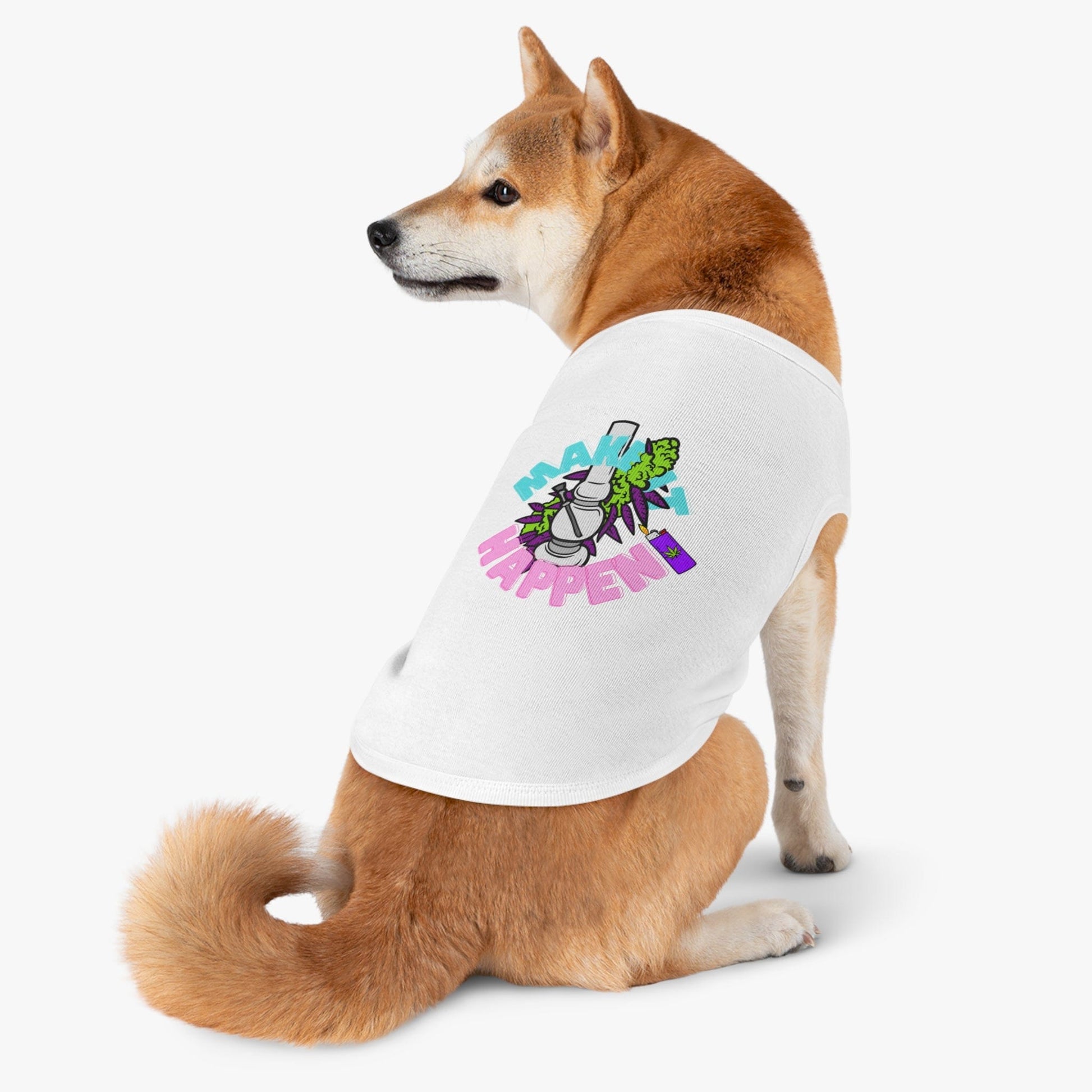 A Shiba Inu wears the "Make It Happen Cannabis Pet Tank Top