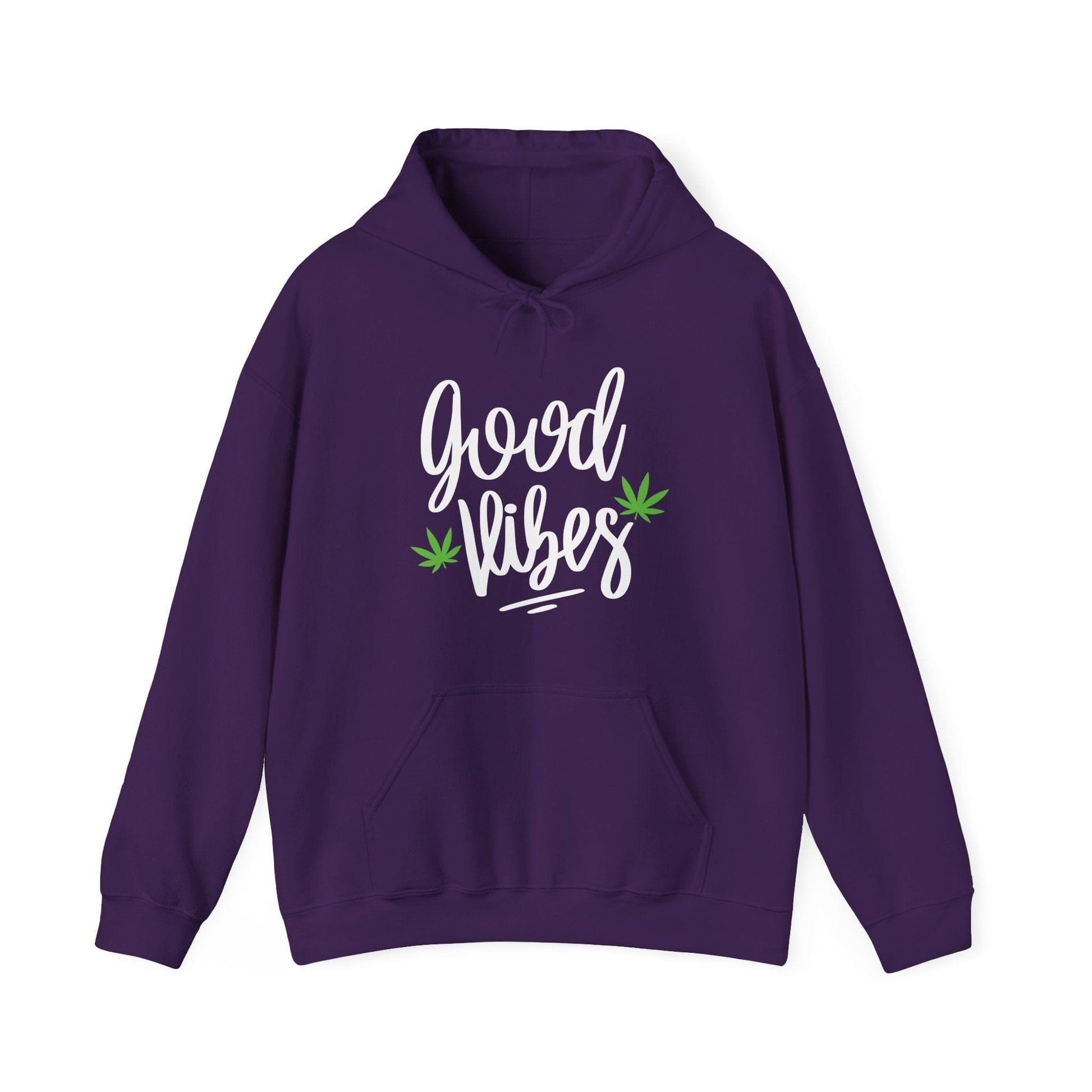 Stay cozy in the Good Vibes Marijuana Leaf Hoodie, featuring “good vibes” in white script and bold cannabis leaf accents on the front.