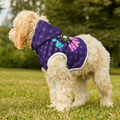  Make It Happen Cannabis Pet Hoodie as it stands on the grass in a park.