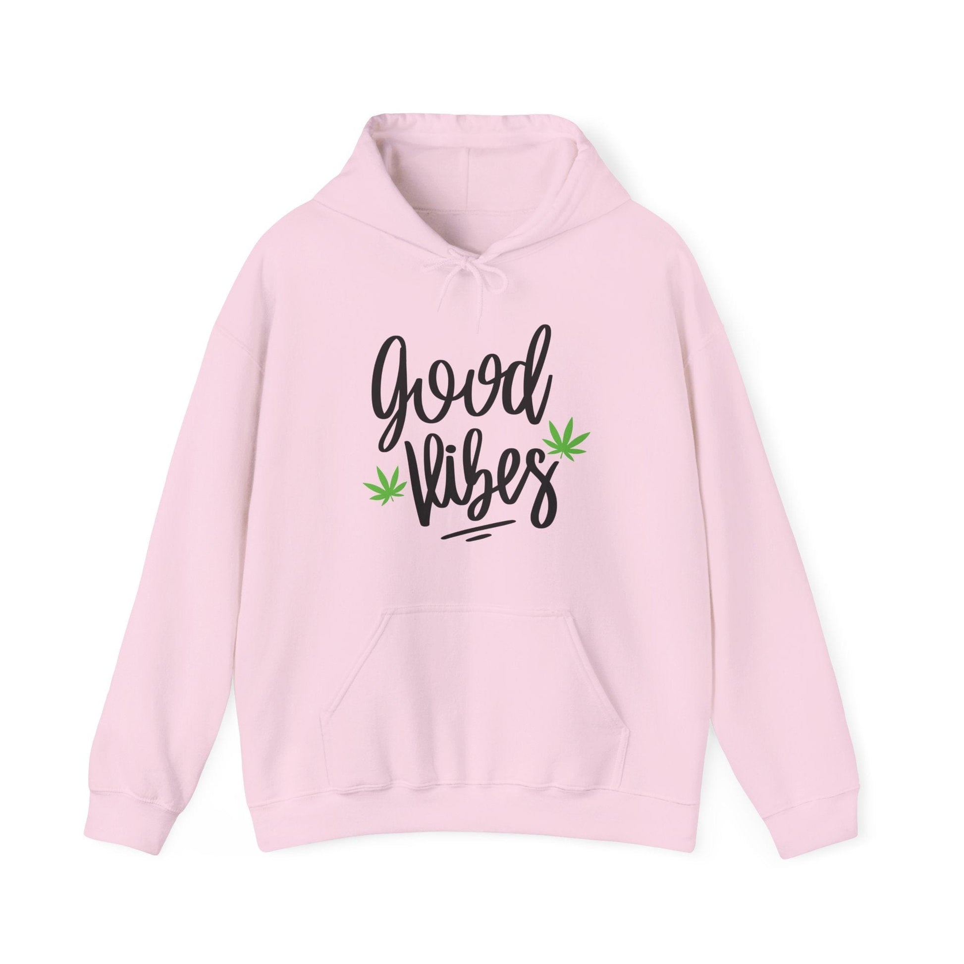 The Good Vibes Marijuana Leaf Hoodie features a light pink color, bold black text, two cannabis leaf accents, a cozy essential style, front pocket, and drawstring hood.