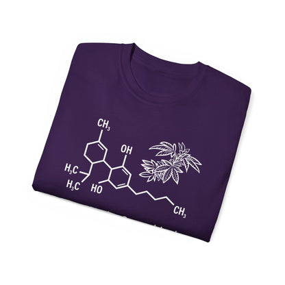 A folded Tetrahydrocannabinol (THC) Molecule Weed Shirt in purple