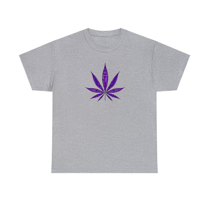 A vibrant color gray Purple Cannabis Leaf Tee with a purple cannabis leaf design centered on the chest, reflecting marijuana culture.