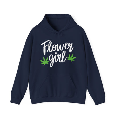 The Flower Girl Pot Leaf Hoodie is an ultra-soft navy blue hoodie with “Flower Girl” in white and two green cannabis leaf accents—perfect for showing your canna pride.