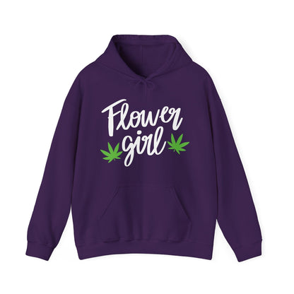 The Flower Girl Pot Leaf Hoodie is a purple ultra-soft hoodie with "Flower Girl" in white script and two green cannabis leaves—perfect for showing your canna pride.