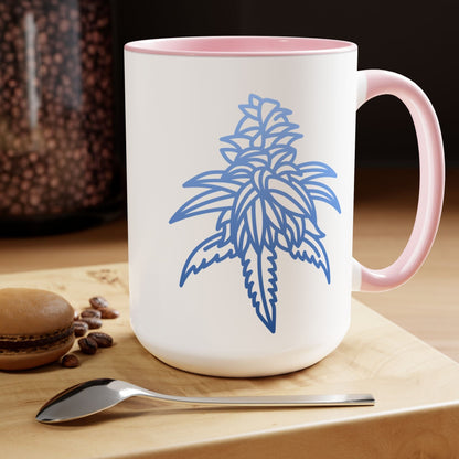 The Blue Dream Cannabis Coffee Mug showcases a striking blue outline drawing of a Blue Dream cannabis plant on its white surface