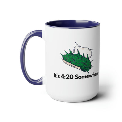  The "It's 420 Somewhere 15oz Coffee Mug," a ceramic cup with a blue handle