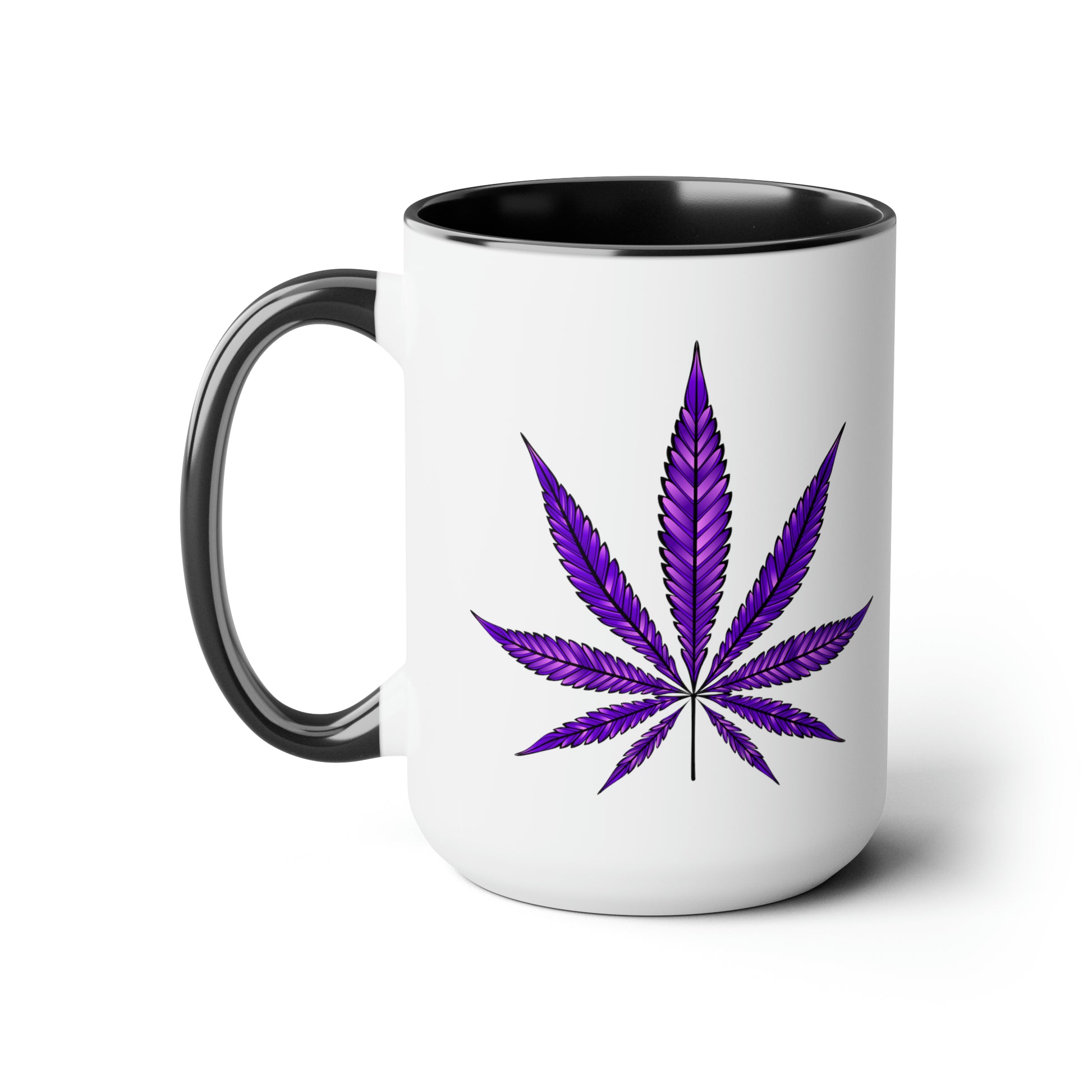 Sentence with product name: Purple Haze Marijuana Coffee Mug with black interior and handle, featuring a Purple Haze Marijuana leaf design on the side, isolated on a white background.