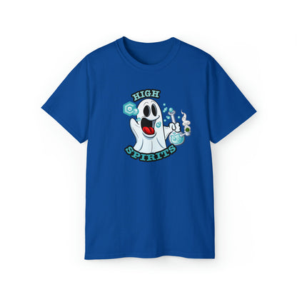 High Spirits Ghost with Bong Weed Shirt featuring bubbles and stars.