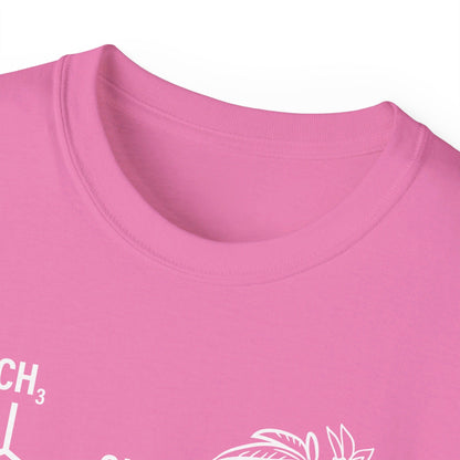 Close-up of the neckline of a pink Tetrahydrocannabinol (THC) Molecule Weed Shirt